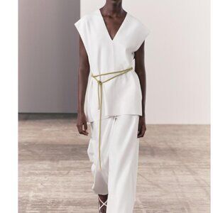 NWT ZARA SCUBA EFFECT VEST TOP OFF WHITE V NECK TUNIC S 2298 / 012